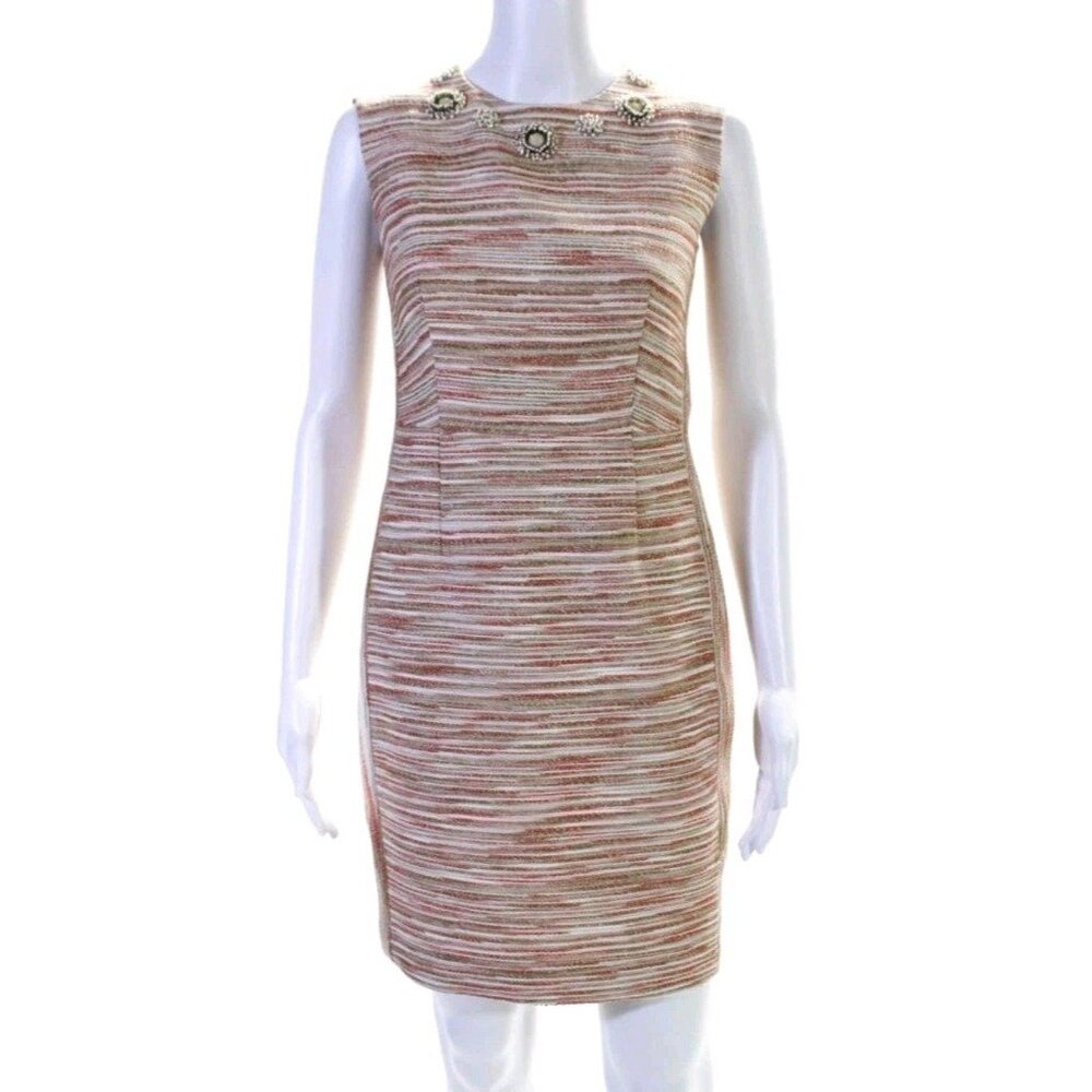 Magaschoni Jeweled Neckline Sleeveless Sheath Dress Pink Beige Tweed Size 2